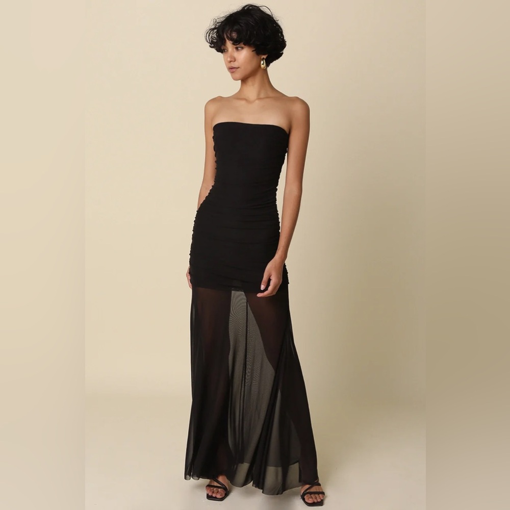 Sky To Moon | Black Strapless Mesh Ruched Long Maxi Dress L